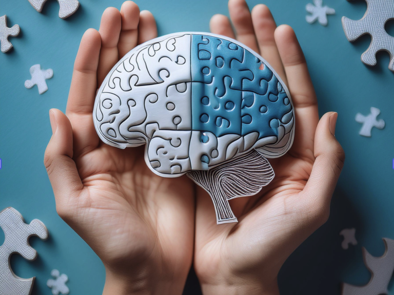 Neurologie Zwei Hände halten ein Gehirn, das aussieht wie ein Puzzle.